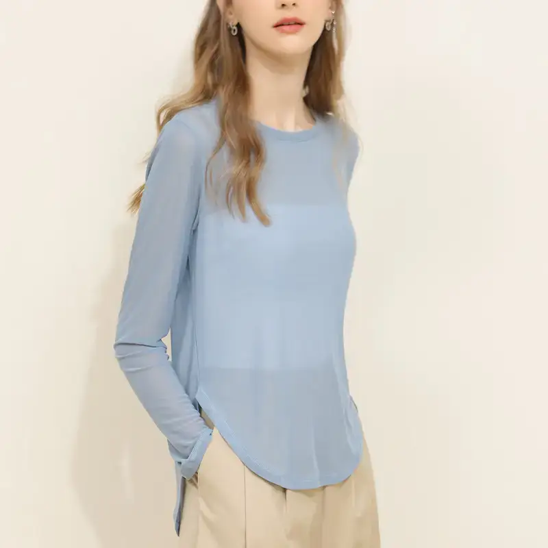 Women's Long Sleeve Mesh Top Light Blue Hollow Outerwear - Image 2