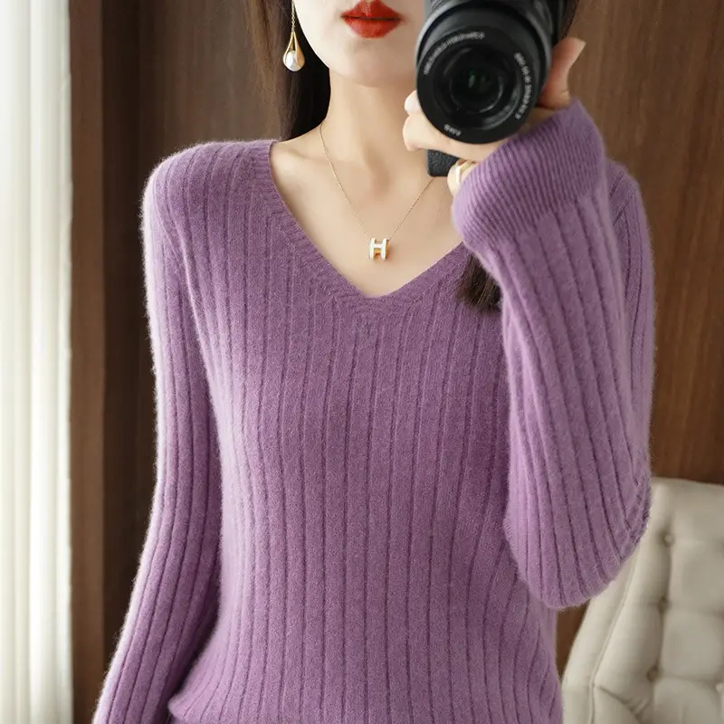 Black V Neck Knit Pullover Women Autumn Winter - Image 23