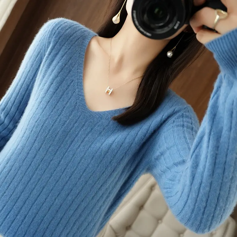 Black V Neck Knit Pullover Women Autumn Winter - Image 24