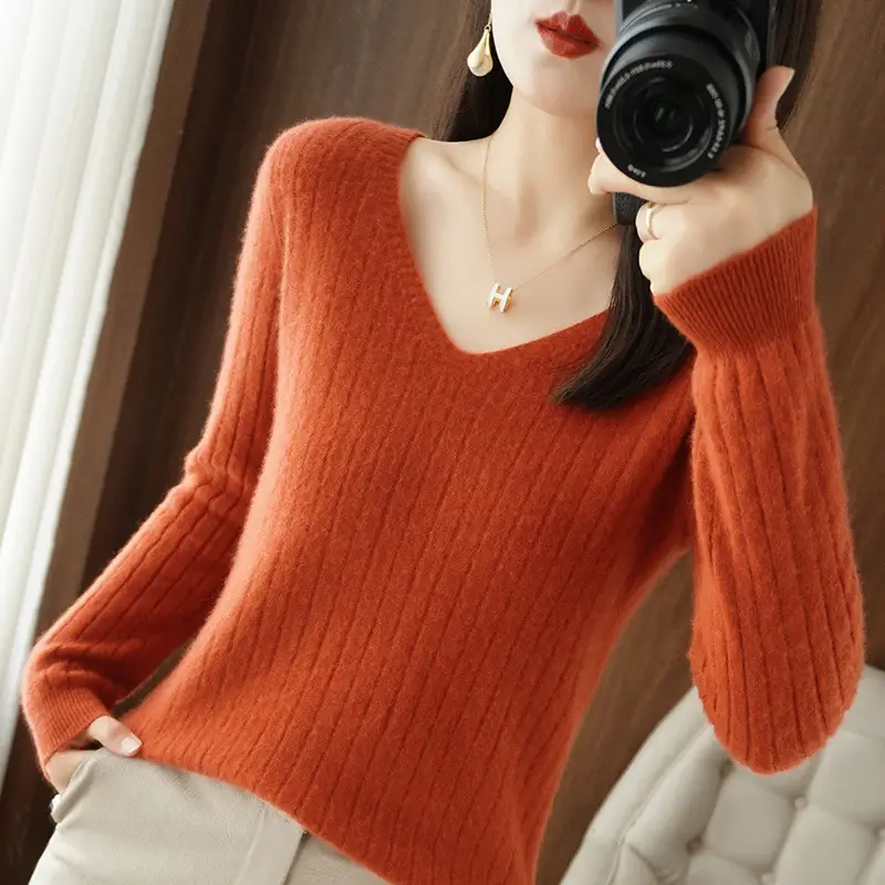 Black V Neck Knit Pullover Women Autumn Winter - Image 25