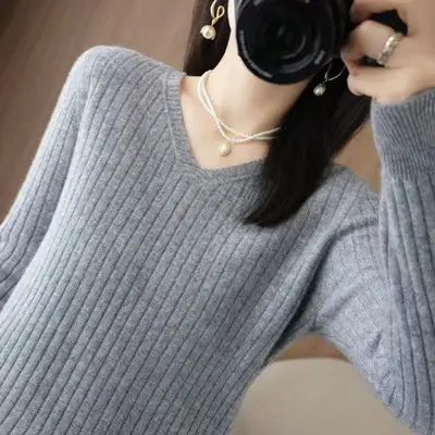 Black V Neck Knit Pullover Women Autumn Winter - Image 15