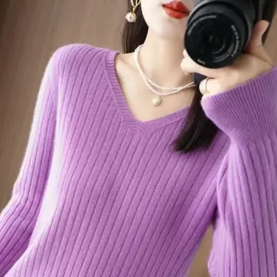 Black V Neck Knit Pullover Women Autumn Winter - Image 19