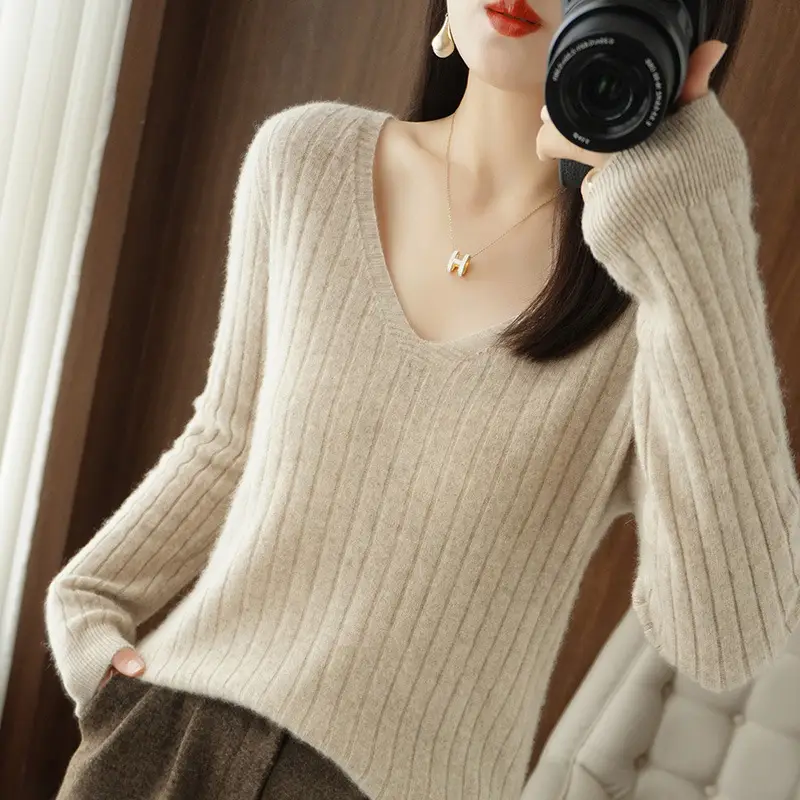 Black V Neck Knit Pullover Women Autumn Winter - Image 2
