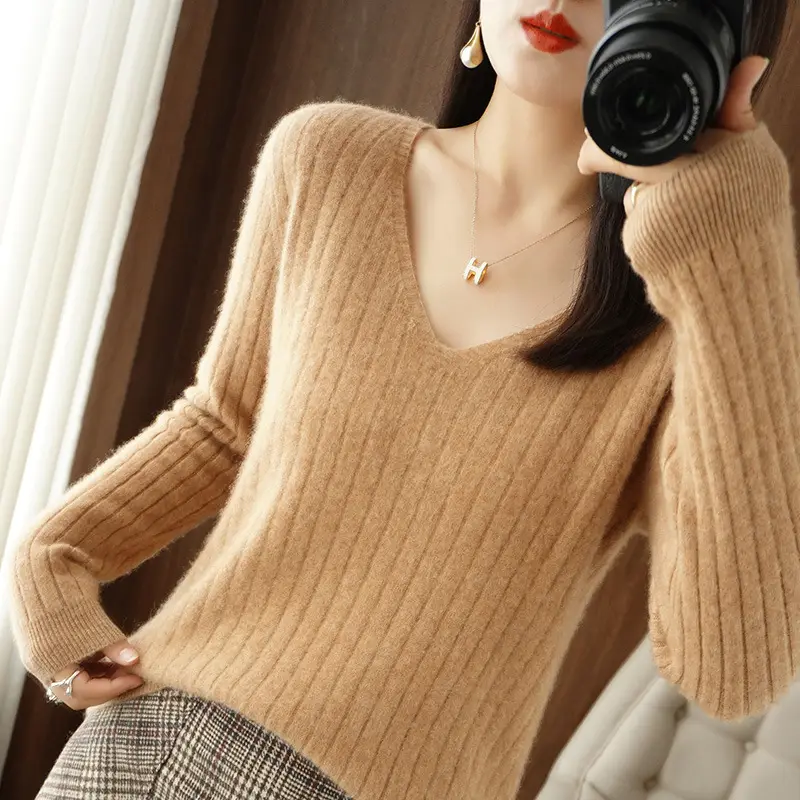 Black V Neck Knit Pullover Women Autumn Winter - Image 3