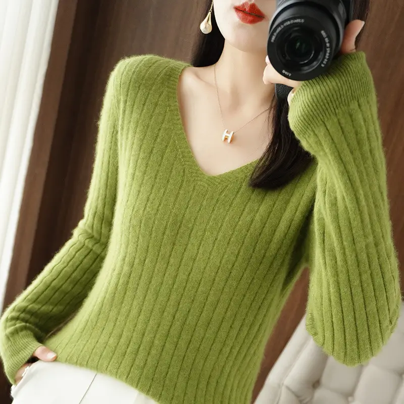 Black V Neck Knit Pullover Women Autumn Winter - Image 5
