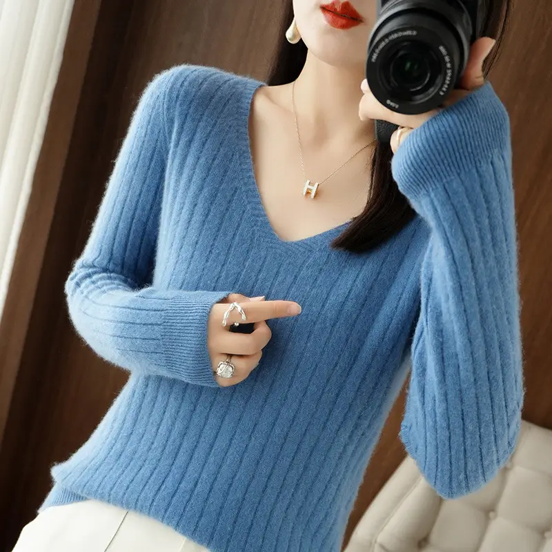 Black V Neck Knit Pullover Women Autumn Winter - Image 6