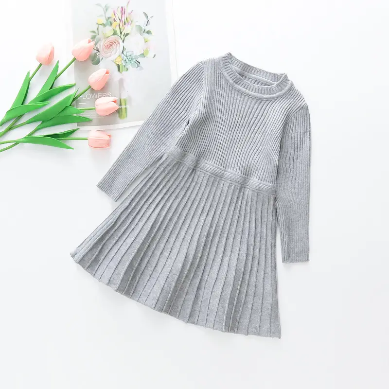 Girls Knitted Sweater Dress Grey Winter Cute Princess Style - Image 2