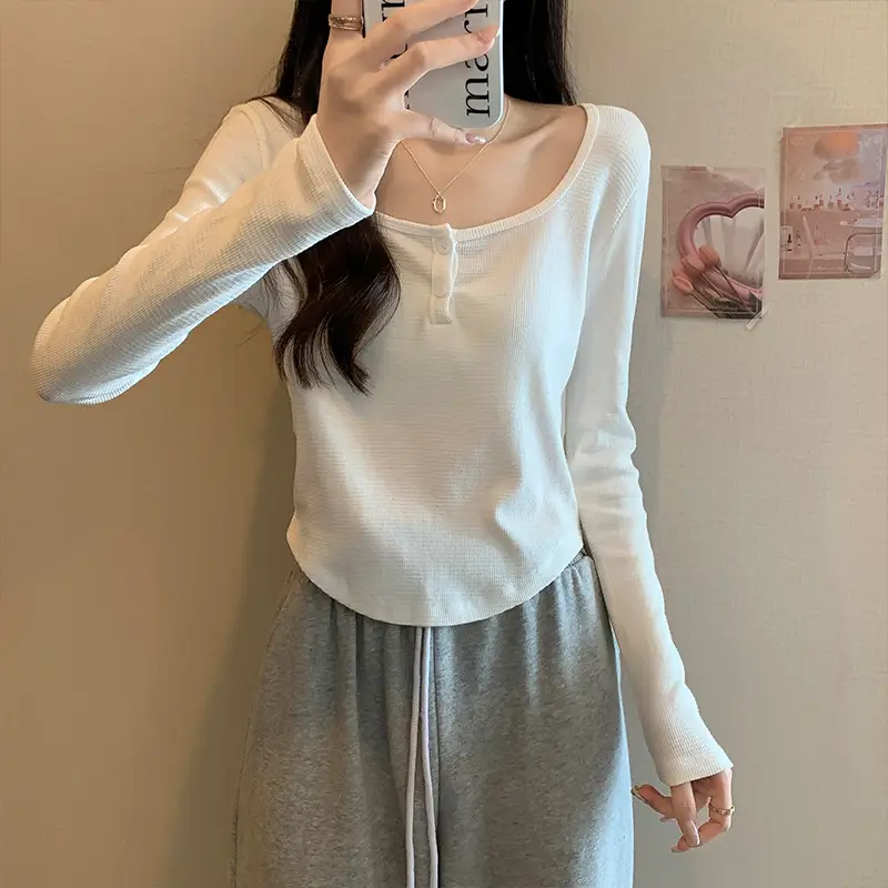 Women Grey Square Neck Long Sleeve T-Shirt Slim Fit - Image 4