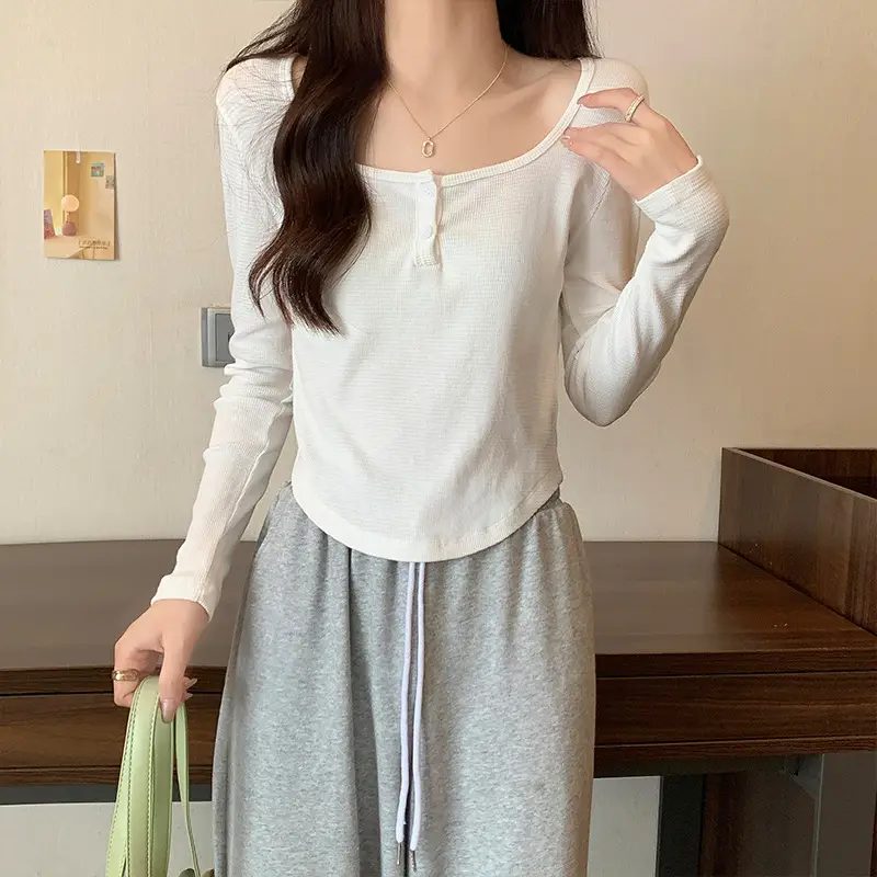 Women Grey Square Neck Long Sleeve T-Shirt Slim Fit - Image 5