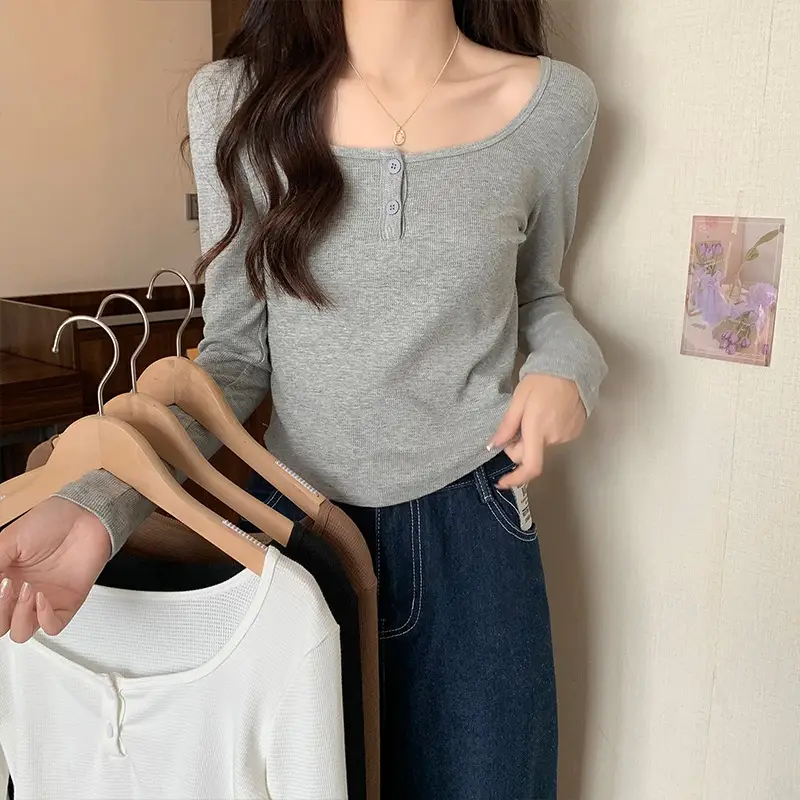 Women Grey Square Neck Long Sleeve T-Shirt Slim Fit - Image 6