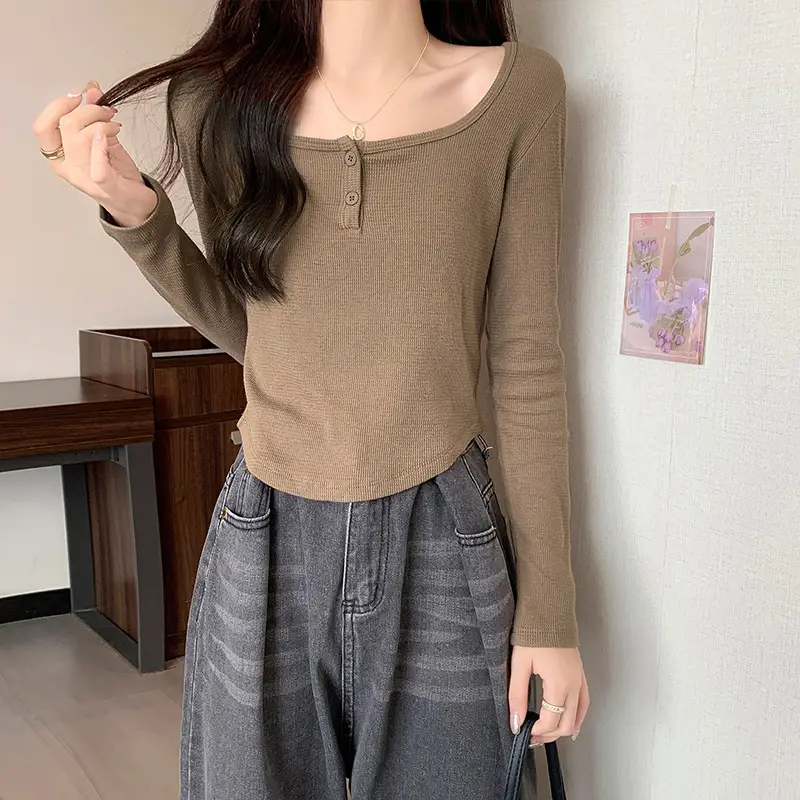 Women Grey Square Neck Long Sleeve T-Shirt Slim Fit - Image 7