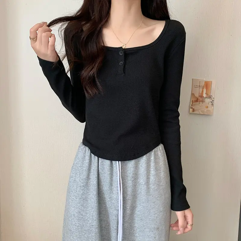 Women Grey Square Neck Long Sleeve T-Shirt Slim Fit - Image 8