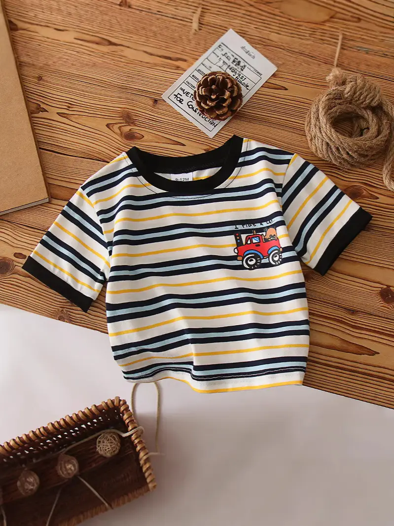 Kids T-Shirt Red Car Print Striped Toddler Top - Image 2