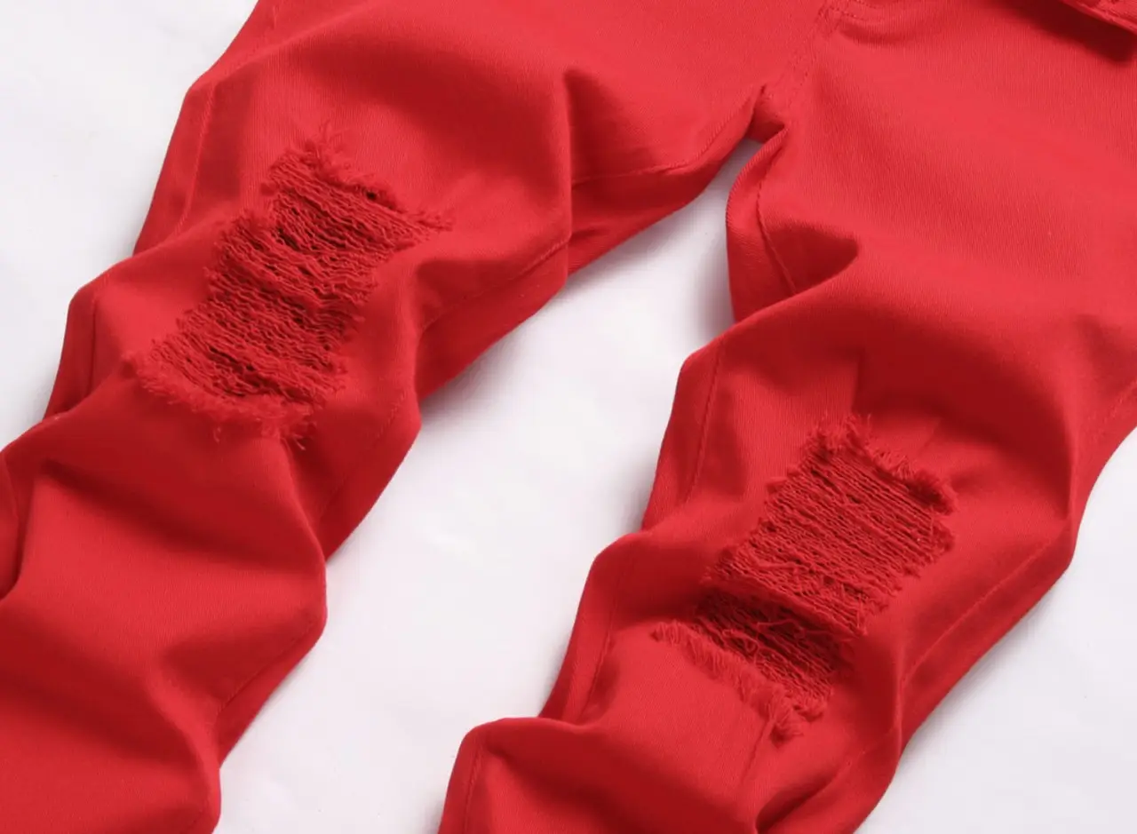Red Straight Ripped High Stretch Pants for Boys Mid Waist — feature 3
