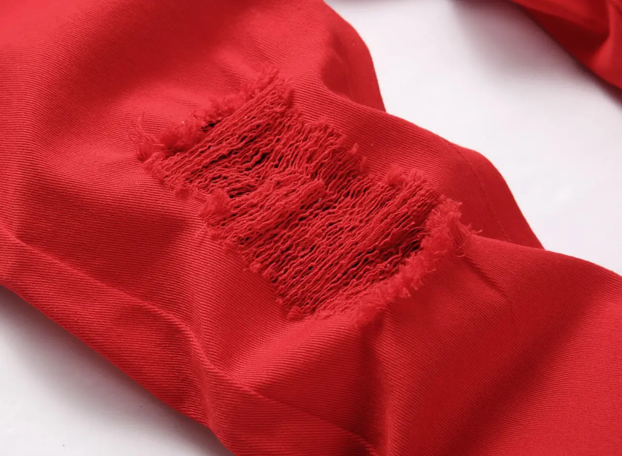 Red Straight Ripped High Stretch Pants for Boys Mid Waist — feature 4