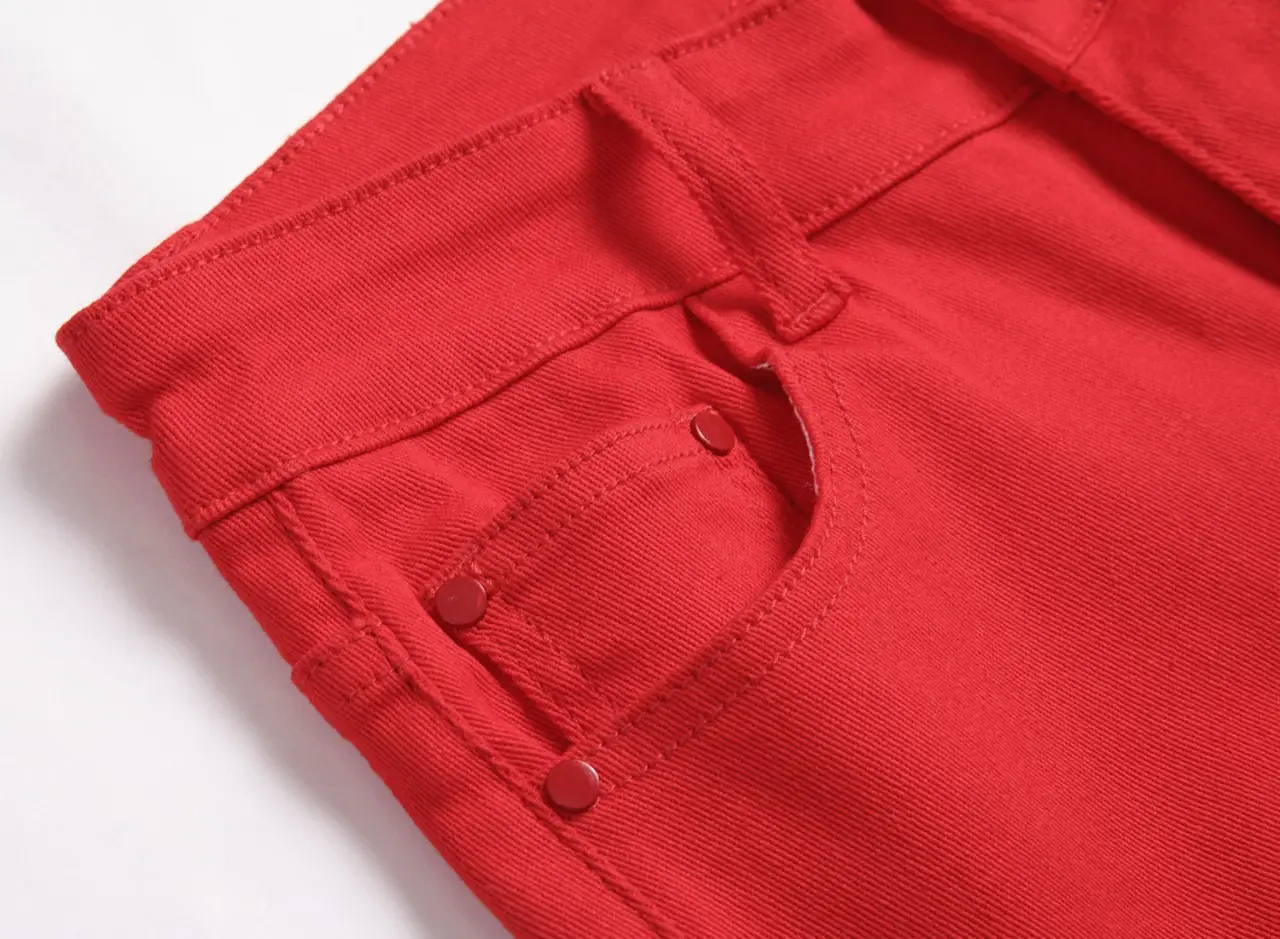 Red Straight Ripped High Stretch Pants for Boys Mid Waist — feature 6