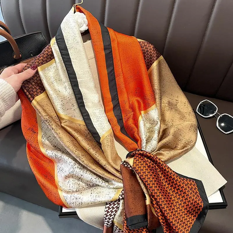 2024 Silk Scarf Houndstooth Orange Beige Women - Image 4