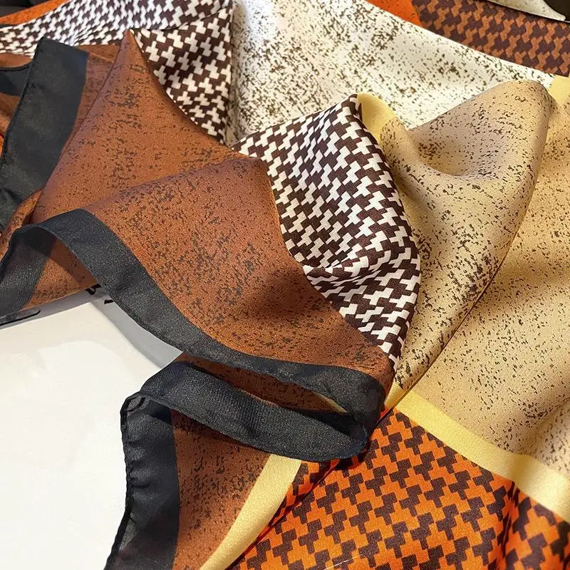 2024 Silk Scarf Houndstooth Orange Beige Women - Image 5