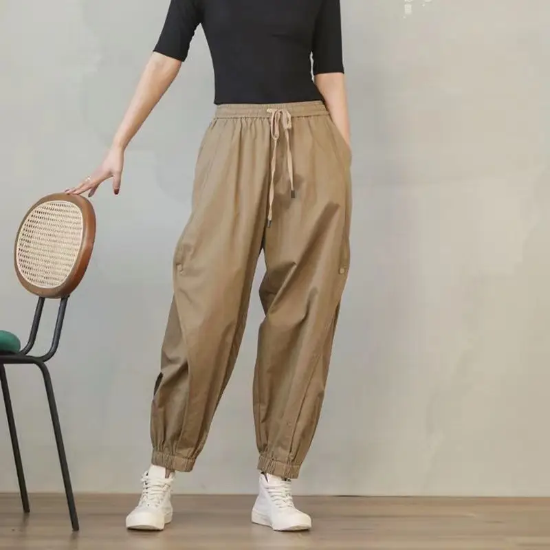 2026 Japanese Style Harem Pants for Women Loose Drawstring Tan - Image 4