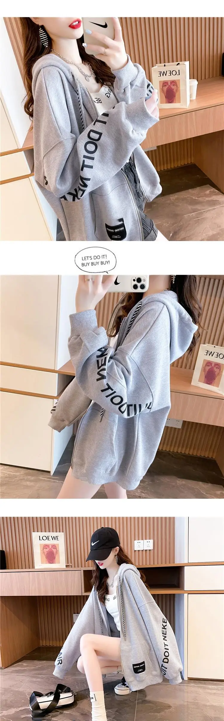 Winter Women's Grey Hooded Zipper Sweatshirt Set — feature 5