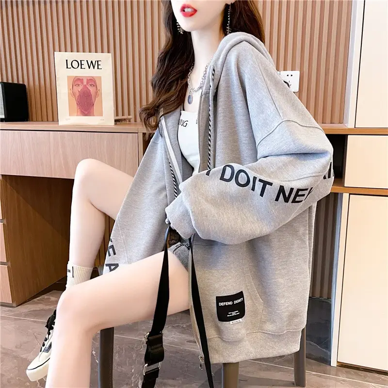 Winter Women's Grey Hooded Zipper Sweatshirt Set - Image 2