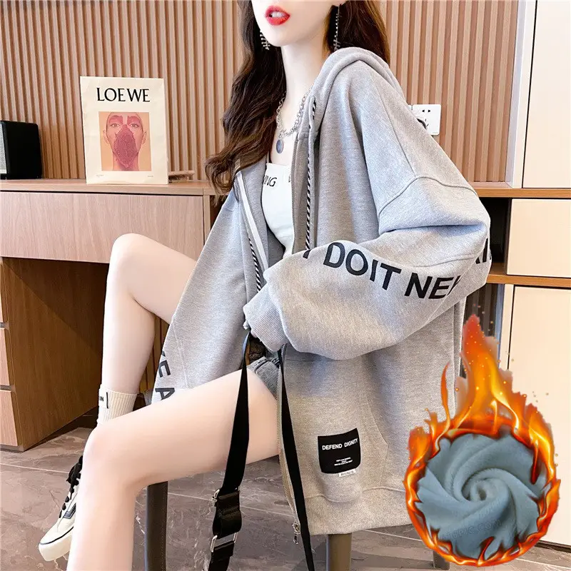 Winter Women's Grey Hooded Zipper Sweatshirt Set - Image 4