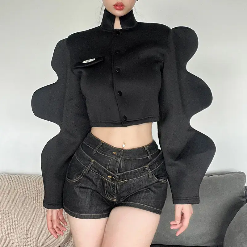 Women's Black Long Sleeve Button Up Top with Lantern Sleeves