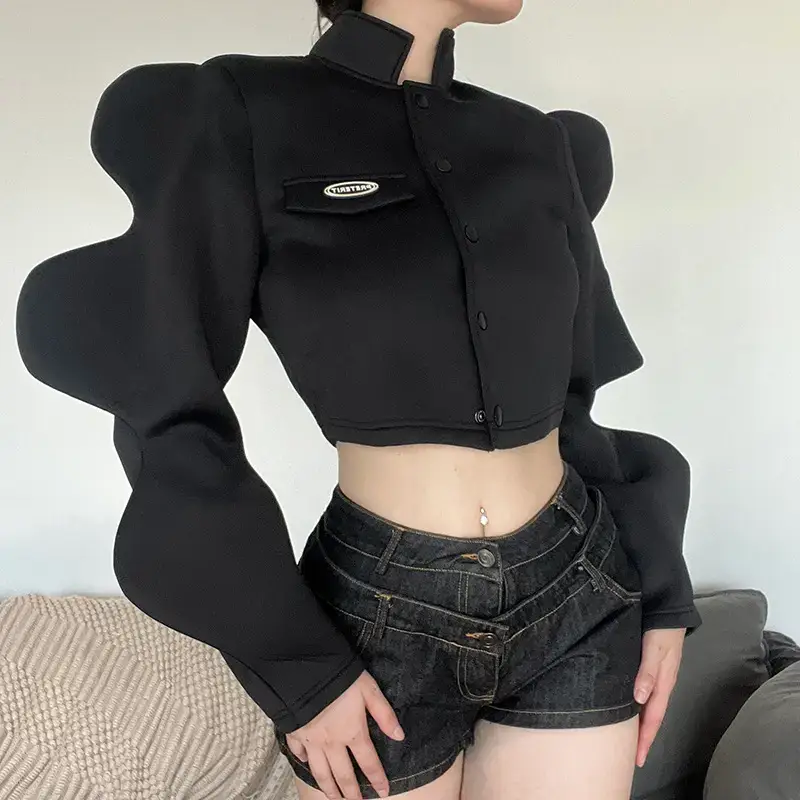 Women's Black Long Sleeve Button Up Top with Lantern Sleeves