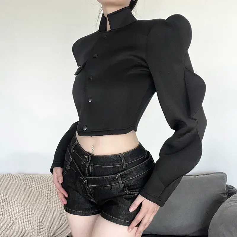 Women's Black Long Sleeve Button Up Top with Lantern Sleeves