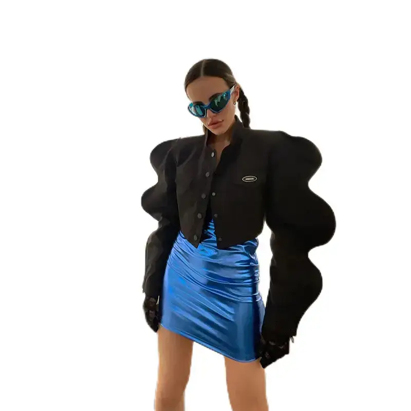 Women's Black Long Sleeve Button Up Top with Lantern Sleeves