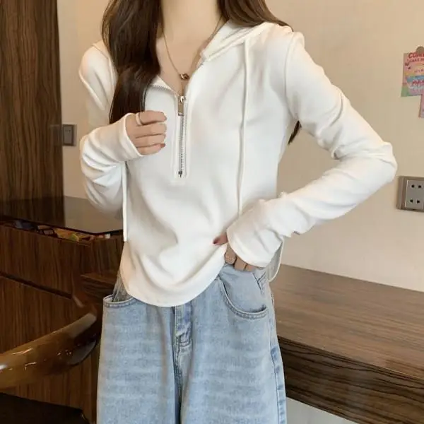 Wholesale Woolen Sweatshirts for Women 2026 New Spring and Autumn Half-Zip Hooded Long-Sleeve T-Shirts Women's Tops - Image 5