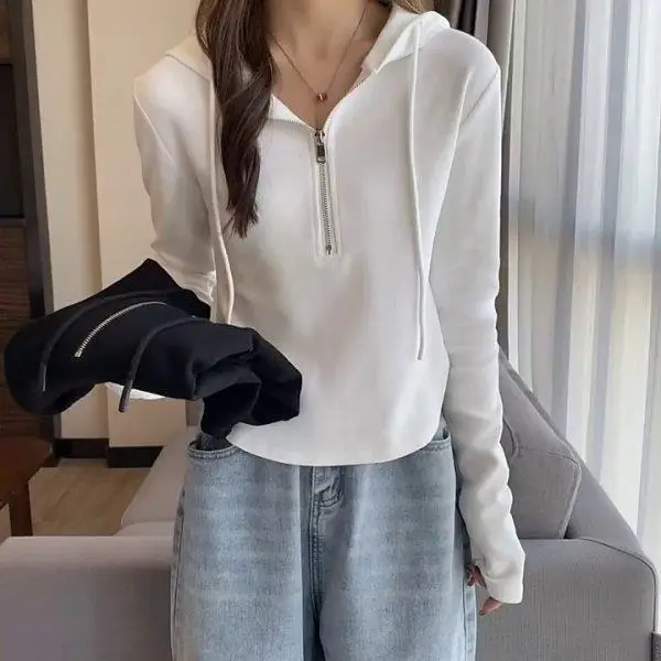 Wholesale Woolen Sweatshirts for Women 2026 New Spring and Autumn Half-Zip Hooded Long-Sleeve T-Shirts Women's Tops - Image 6