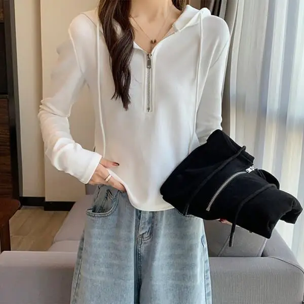 Wholesale Woolen Sweatshirts for Women 2026 New Spring and Autumn Half-Zip Hooded Long-Sleeve T-Shirts Women's Tops - Image 7
