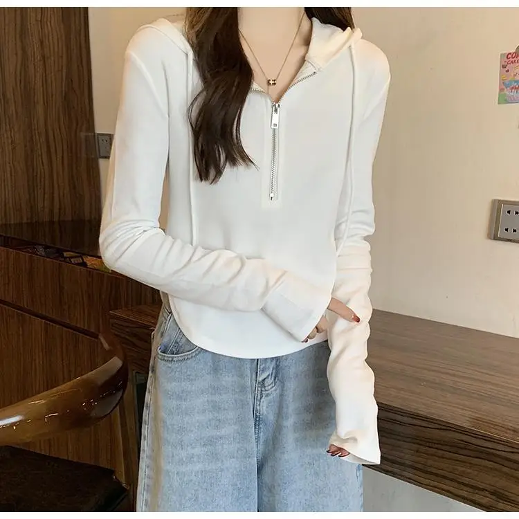Wholesale Woolen Sweatshirts for Women 2026 New Spring and Autumn Half-Zip Hooded Long-Sleeve T-Shirts Women's Tops — feature 10