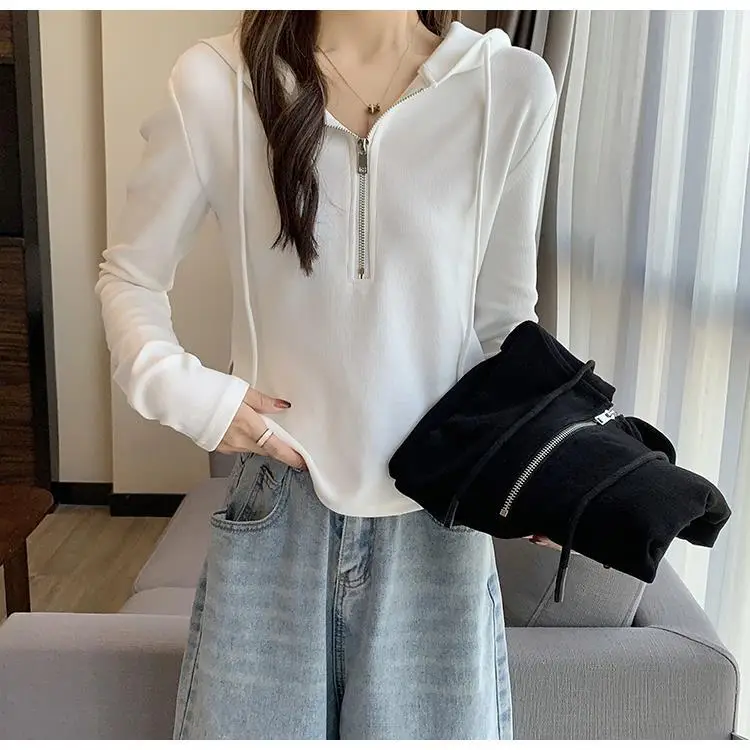 Wholesale Woolen Sweatshirts for Women 2026 New Spring and Autumn Half-Zip Hooded Long-Sleeve T-Shirts Women's Tops — feature 13