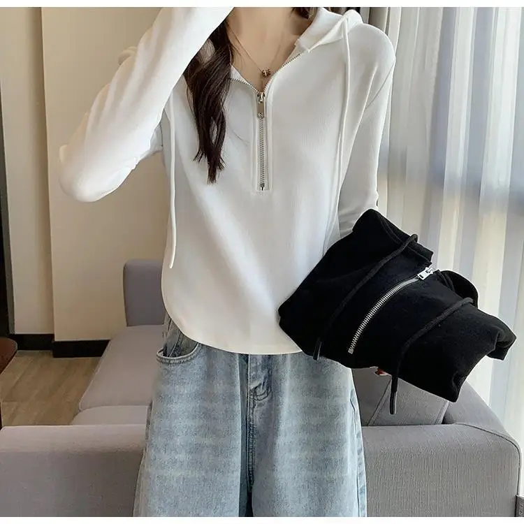 Wholesale Woolen Sweatshirts for Women 2026 New Spring and Autumn Half-Zip Hooded Long-Sleeve T-Shirts Women's Tops — feature 14