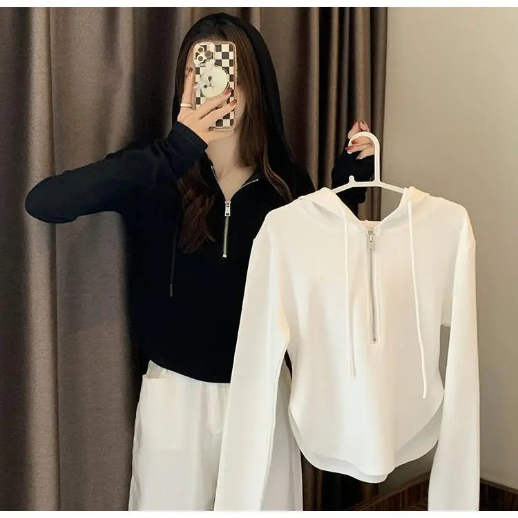 Wholesale Woolen Sweatshirts for Women 2026 New Spring and Autumn Half-Zip Hooded Long-Sleeve T-Shirts Women's Tops — feature 7