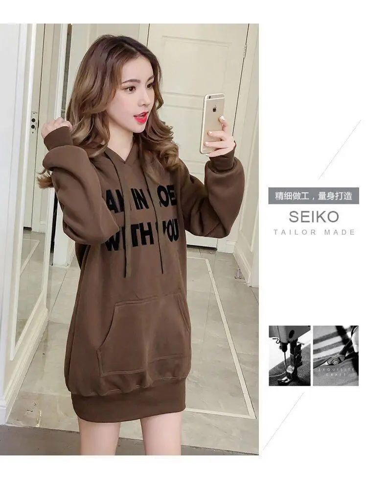 Fleece Hooded Sweatshirt Brown Women Loose Fit — feature 10