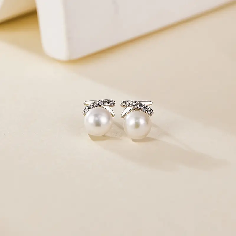 Natural Freshwater Pearl Cross Earrings with Diamond Studs - Image 4