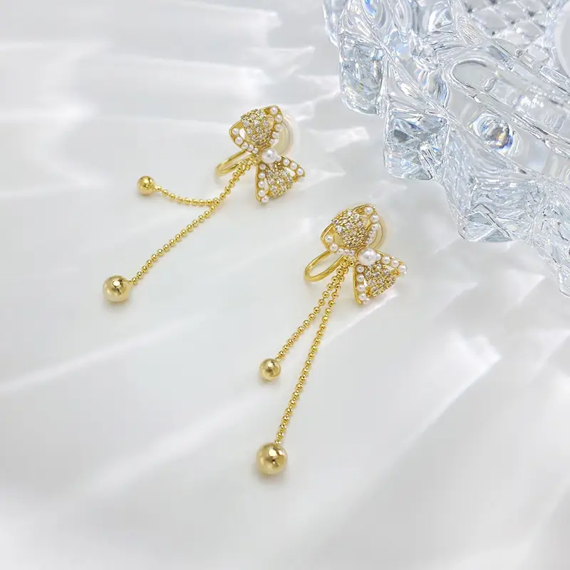 Pearl Bow Tassel Earrings for Women Gold - Image 5