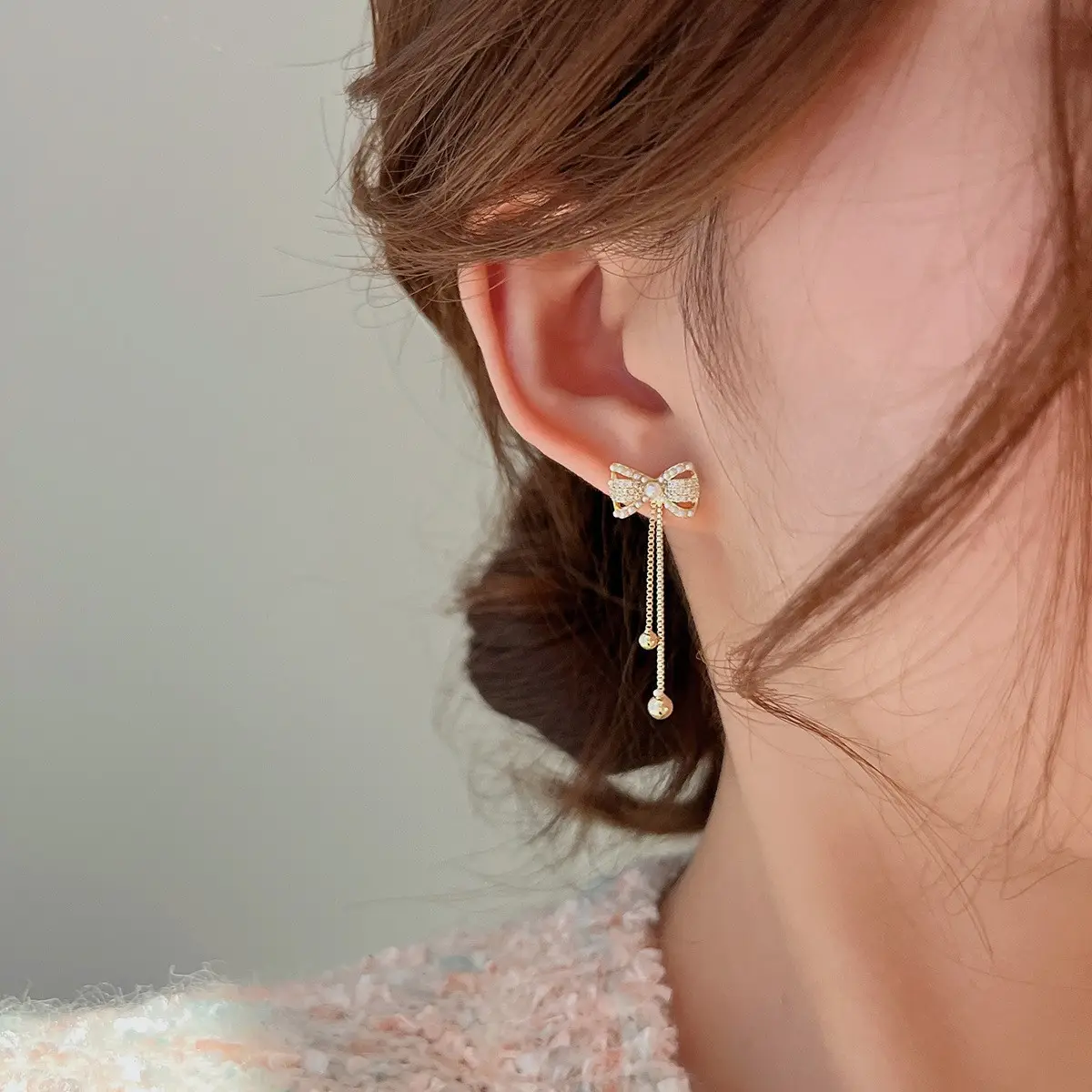 Pearl Bow Tassel Earrings for Women Gold - Image 6
