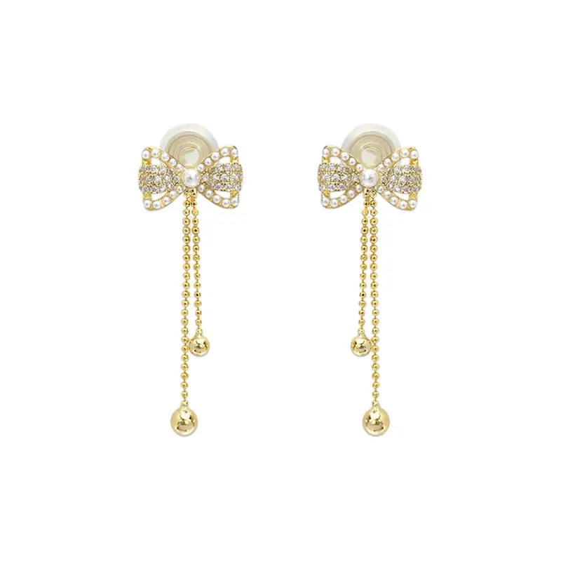 Pearl Bow Tassel Earrings for Women Gold - Image 7