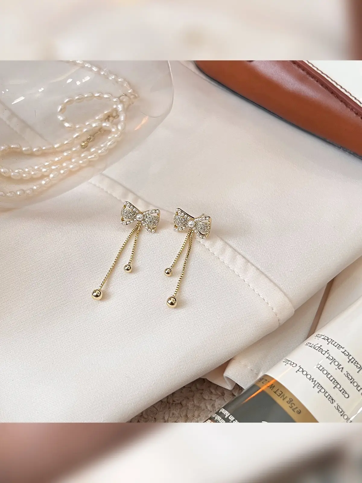 Pearl Bow Tassel Earrings for Women Gold - Image 2