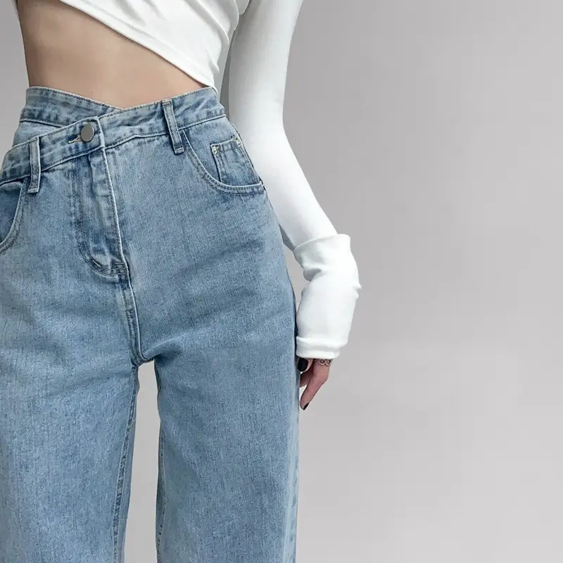 Wide Leg Irregular High Waist Denim Pants for Girls - Image 5