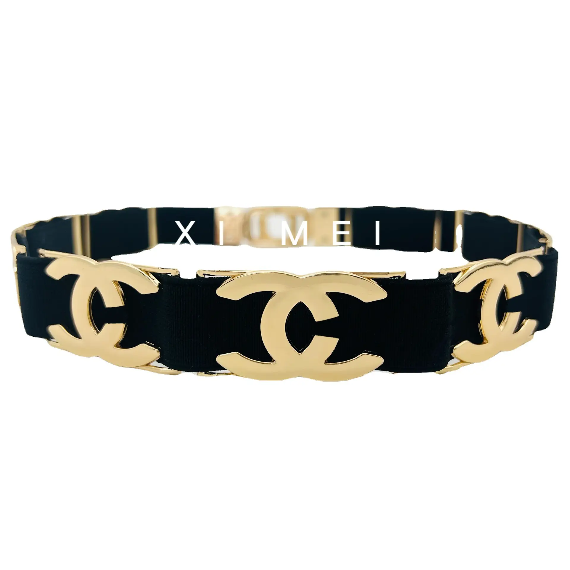 Xiaoxiang Metal Letter Belt Black Gold Elastic Women's Dress Belt - Image 18