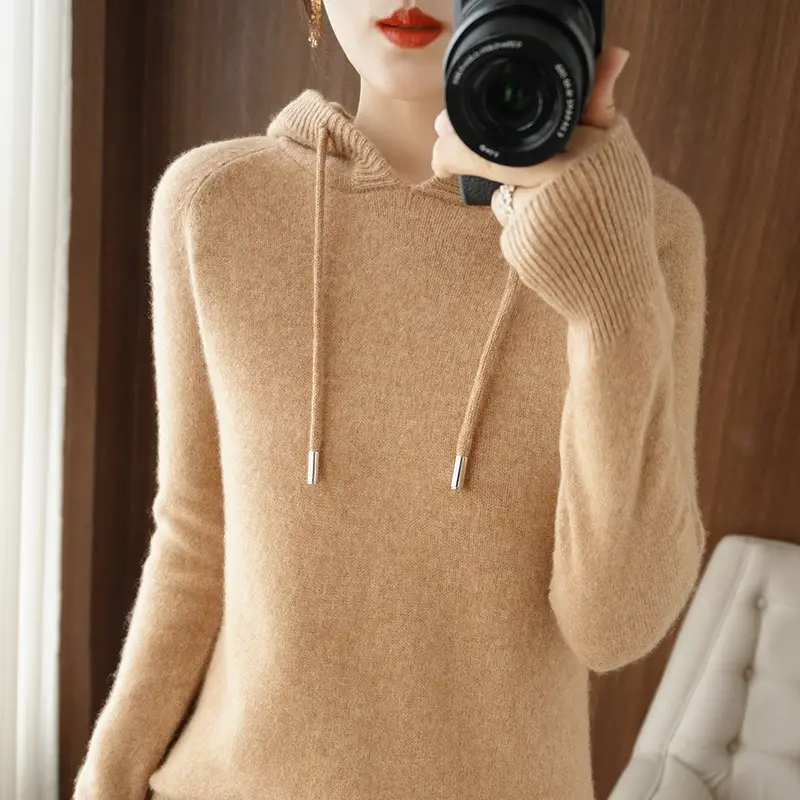 Women's Brown Hooded Long Sleeve Knit Sweatshirt