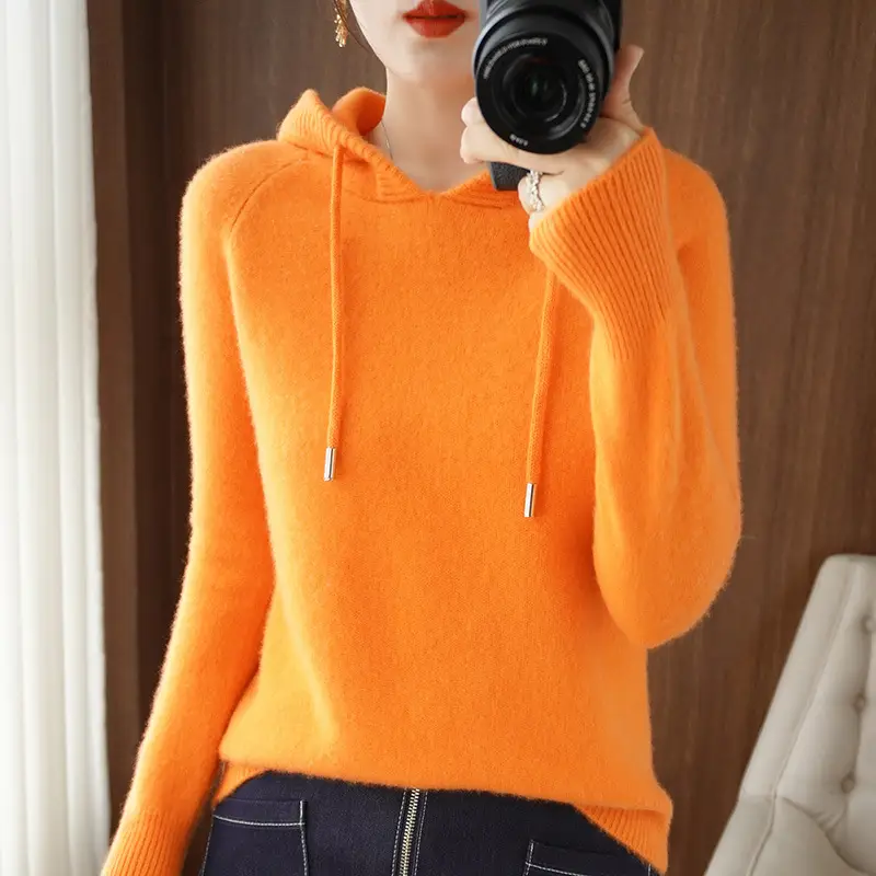 Women's Brown Hooded Long Sleeve Knit Sweatshirt
