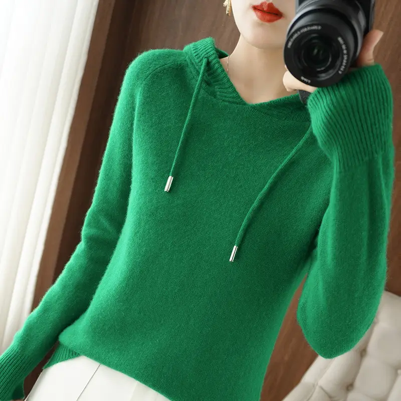 Women's Brown Hooded Long Sleeve Knit Sweatshirt