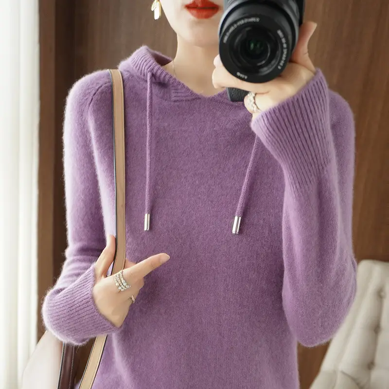 Women's Brown Hooded Long Sleeve Knit Sweatshirt