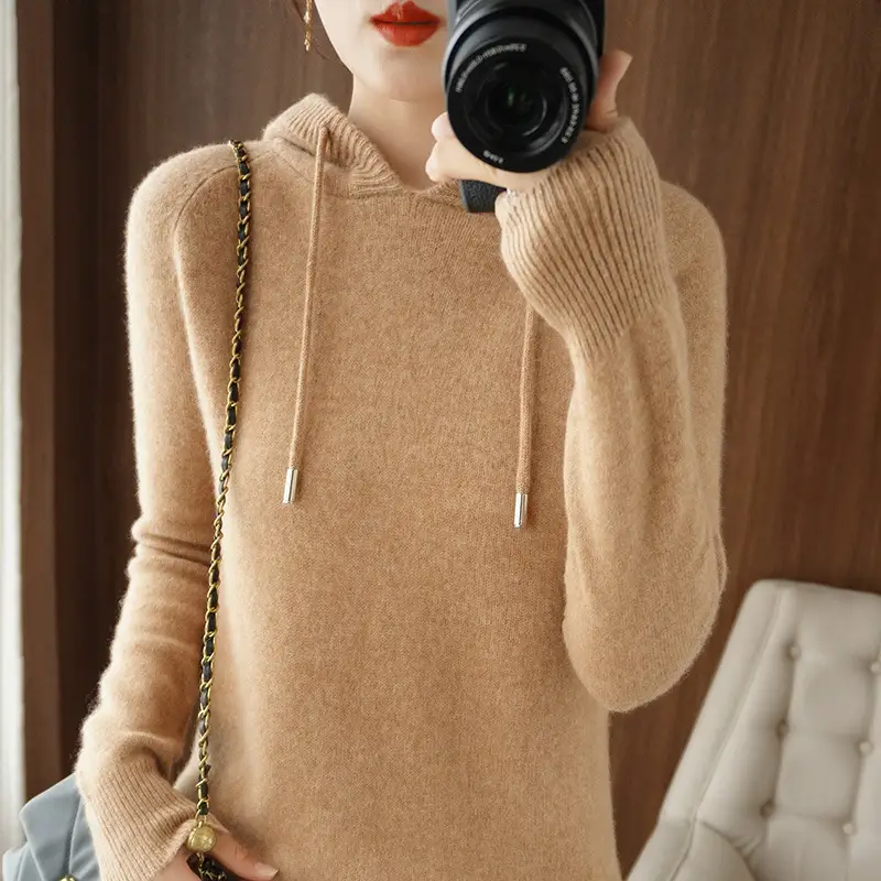 Women's Brown Hooded Long Sleeve Knit Sweatshirt